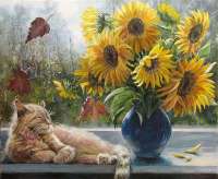 Без бренда «Подсолнухи в синей вазе возле кота» в Новороссийске в интернет-магазине  Без бренда «Подсолнухи в синей вазе возле кота» в Новороссийске