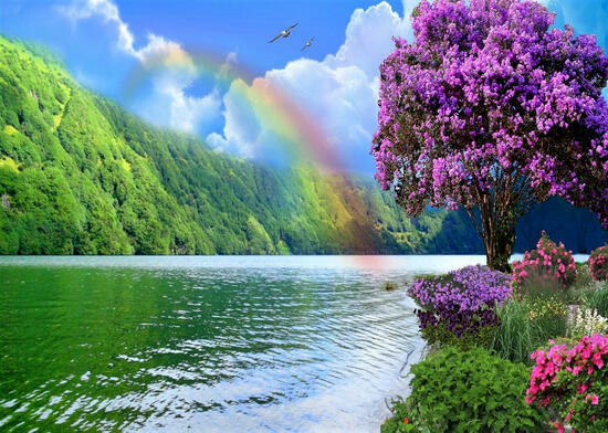 Картина по номерам 40x50 Фиолетовое дерево и радуга над озером