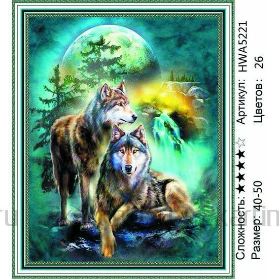 Алмазная мозаика 40x50 Два серых волка на фоне гор и луны