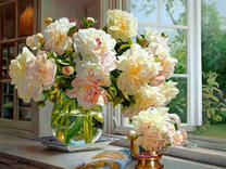 Без бренда «Ваза с букетом белых пионов у окна» в Новороссийске