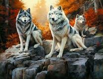 Волчья стая в осеннем лесу